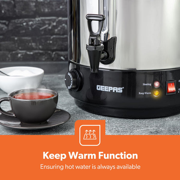 Geepas Electric Catering Urn, 1650W Instant Hot Water Boiler Dispenser - Tea Urn Kettle Home Brewing Commercial Office Use with Keep Warm - Easy Pour Tap, 15 Litre, Stainless Steel – 2 Year Warranty
