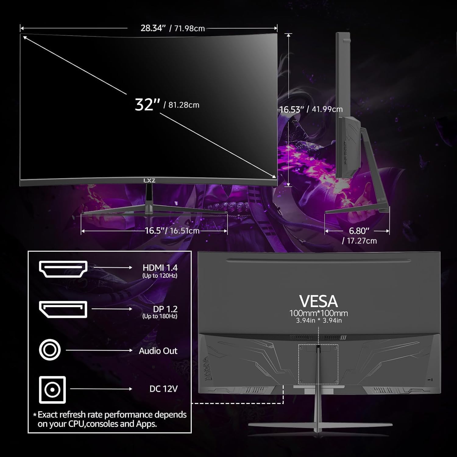 34 Inch Curved Monitor 1500R, 3440 * 1440 165Hz Gaming Monitor with FreeSync, Wide Viewing Angle, Display Port HDMI - Black
