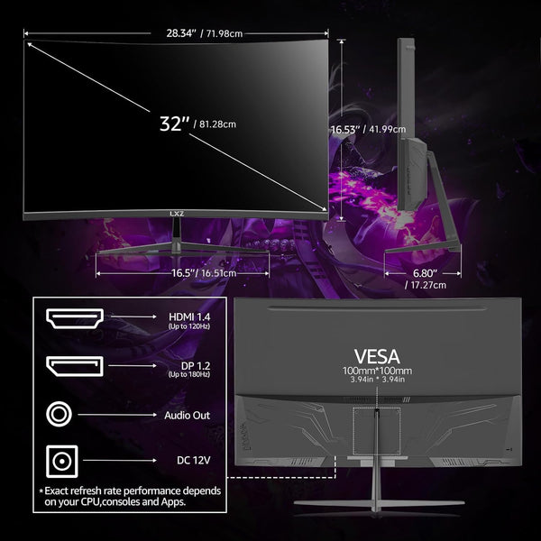 34 Inch Curved Monitor 1500R, 3440 * 1440 165Hz Gaming Monitor with FreeSync, Wide Viewing Angle, Display Port HDMI - Black