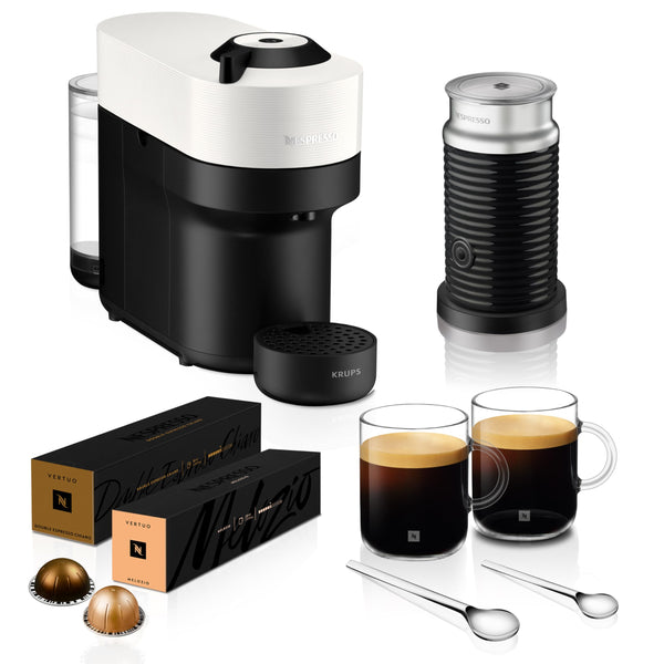 Nespresso Coffee Machine Barista Bundle includes Vertuo Pop White by Krups, Milk Frother, 2x Mugs, 2 x spoons, Melozio coffee pods & Chiaro coffee pods