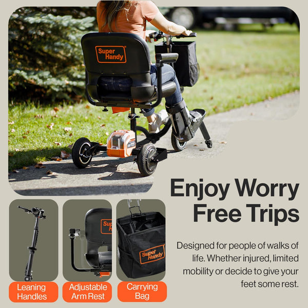 SuperHandy 3 Wheel Folding e-Mobility Device (Upgraded Design) - Electric Powered, Airline Friendly - Long Range Travel w/ 2 Detachable 48V Lithium-ion Batteries and Charger