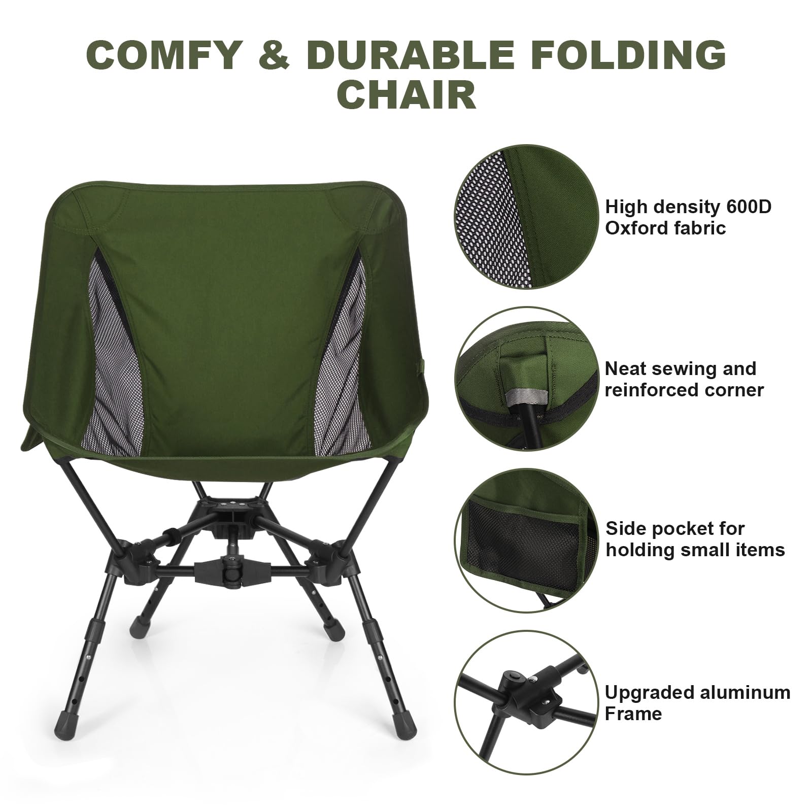 Portable Folding Camping Chair: Lightweight Height Adjustable Camping Chairs Stable Supports 330 Lbs with Side Pockets for Outdoor Camp, Travel, Beach, Lawn (Black)