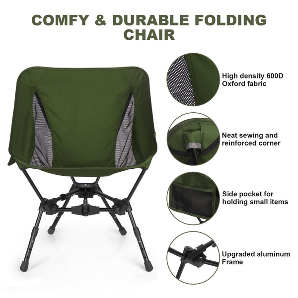 Portable Folding Camping Chair: Lightweight Height Adjustable Camping Chairs Stable Supports 330 Lbs with Side Pockets for Outdoor Camp, Travel, Beach, Lawn (Black)