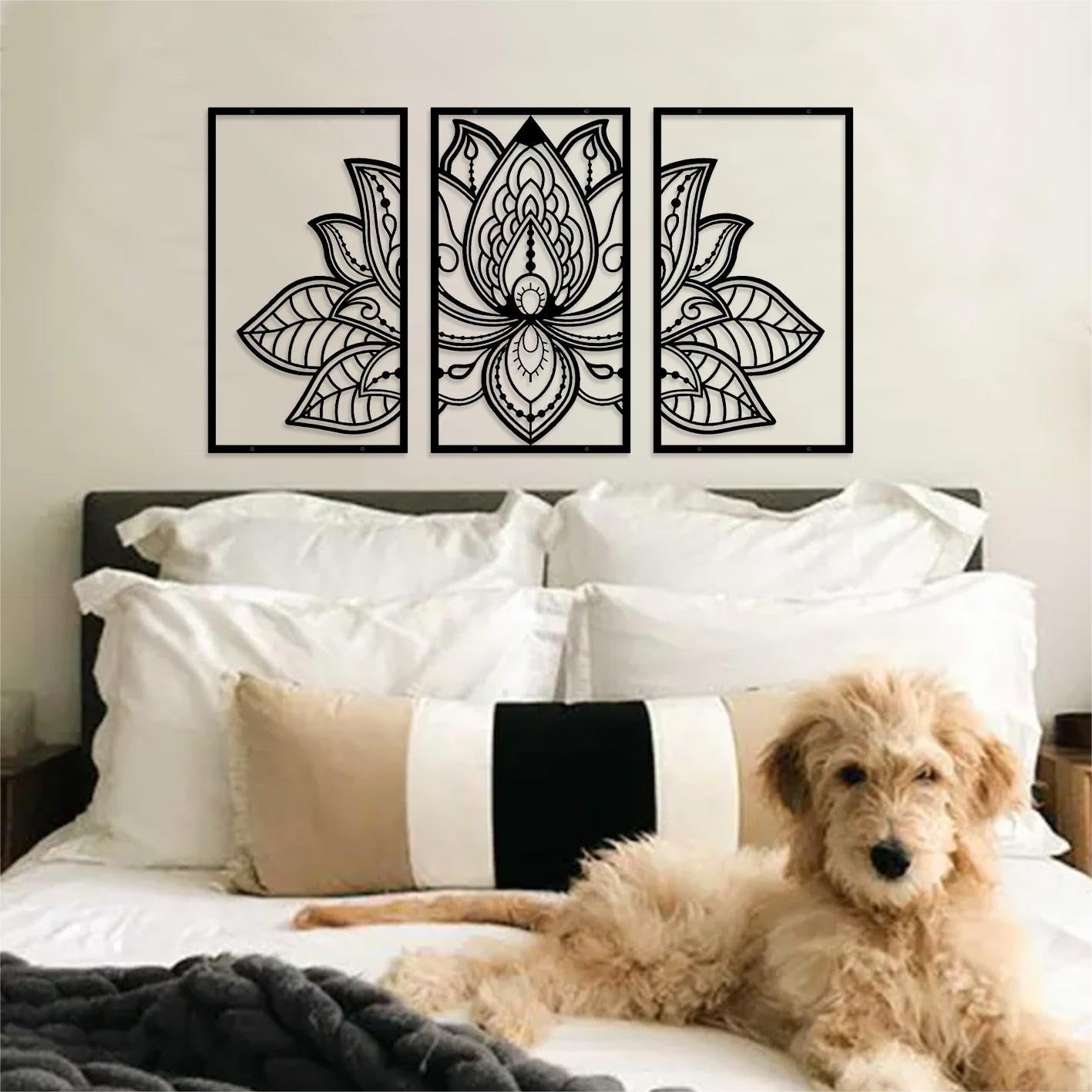 ESTART Large Lotus Flower Metal Wall Art 3-piece Set, Religion Faith Mandala Home Wall Decoration for Living Room, Bedroom, Office and Yoga Room