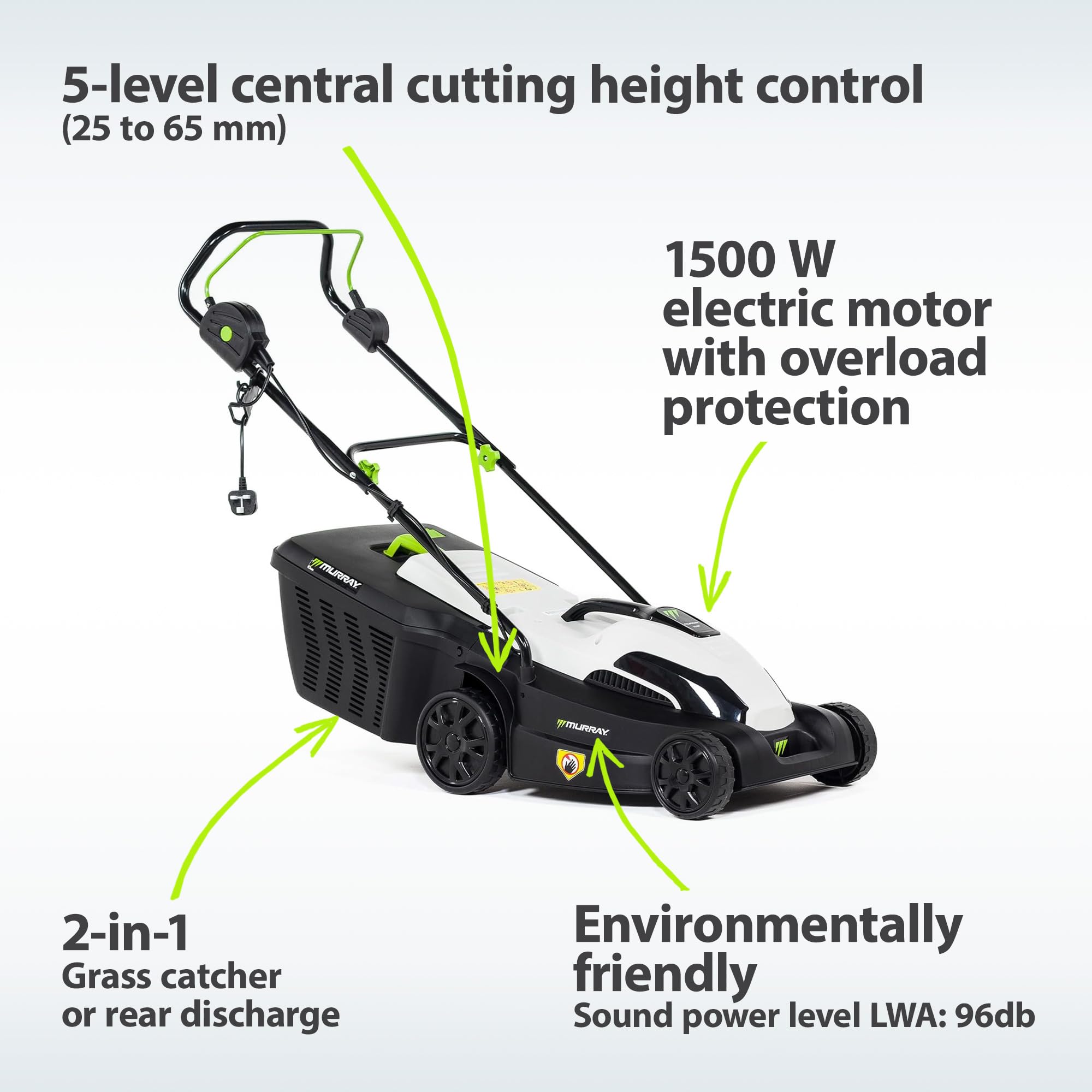 Murray Corded Electric Lawnmower 2-in-1 - Compact Lawn Mower 1200W/32cm with Grass Box 27L for Small Lawns - Ergonomic Soft Grip for Easy Grass Cutting, Overload Protection