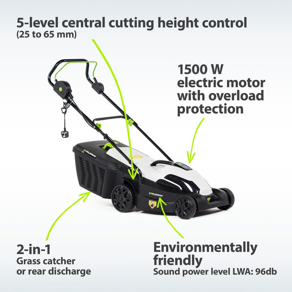Murray Corded Electric Lawnmower 2-in-1 - Compact Lawn Mower 1200W/32cm with Grass Box 27L for Small Lawns - Ergonomic Soft Grip for Easy Grass Cutting, Overload Protection