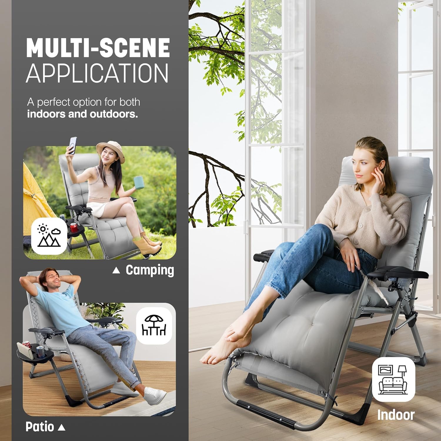 KEPLIN Square Tube Gravity Chair with Cushion – Extra-Wide 72cm Recliner, Adjustable Zero Gravity Lounger, Reinforced Frame, Supports 150kg, Premium Comfort for Indoor & Outdoor Relaxation – Black