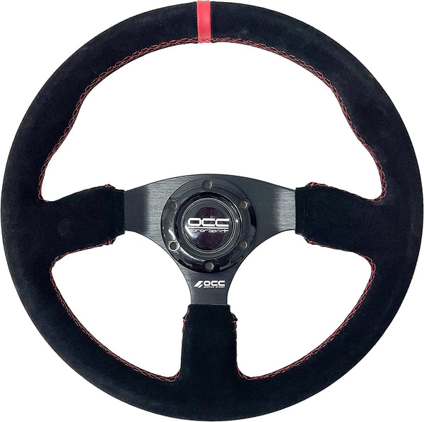 OCC MOTORSPORT OFFSET STEERING WHEEL CLASSIC MODEL PERFORATED LEATHER WITH BLACK ARMS - 90 MM FULL DISH WHEEL - 350MM (14 INCH)