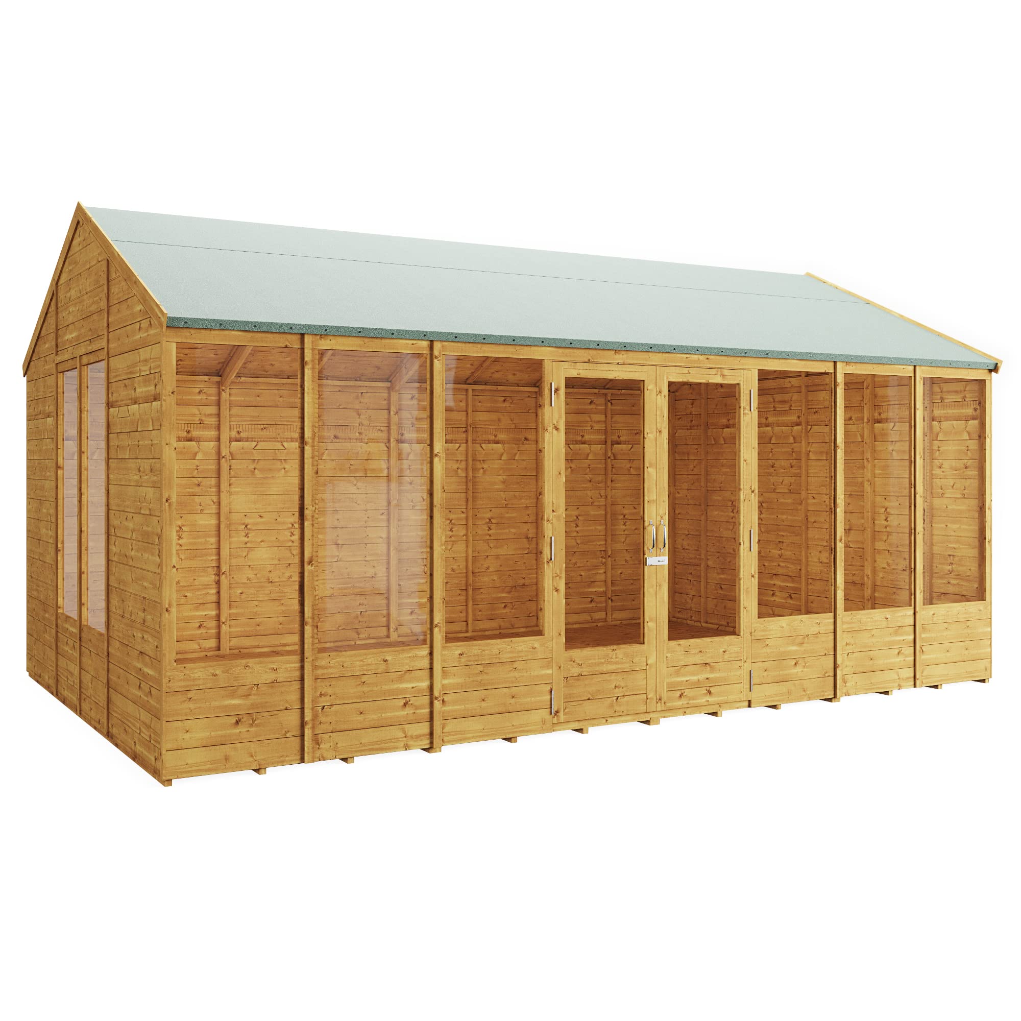 BillyOh Petra 12x10 Reverse Apex Summer House Shed, Log Cabin | Wooden Garden Room with Wide Double Doors, Tear Resistant Felt, Tongue and Groove Construction | Versatile Tiny Home or Garden Office
