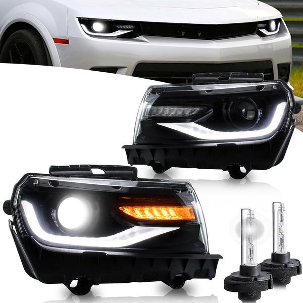 VLAND Motor Headlights compatible with 5th Gen Camaro LS, LT, SS, ZL1, Z/28 2014 2015, w/Sequential Turn signal, Driver & Passenger Side, not include bulbs