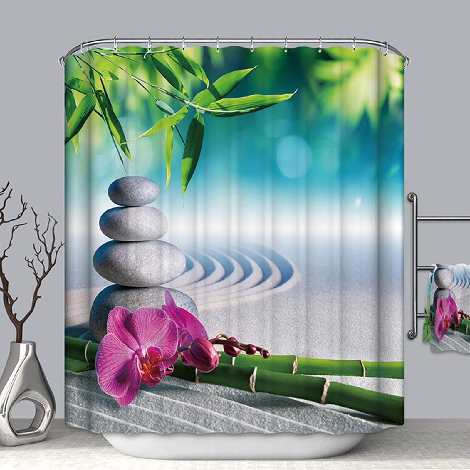 Aeici Waterproof Shower Curtain Zen Floral Shower Curtain for Bathroom Bath Anti Mould W150 X H180 cm