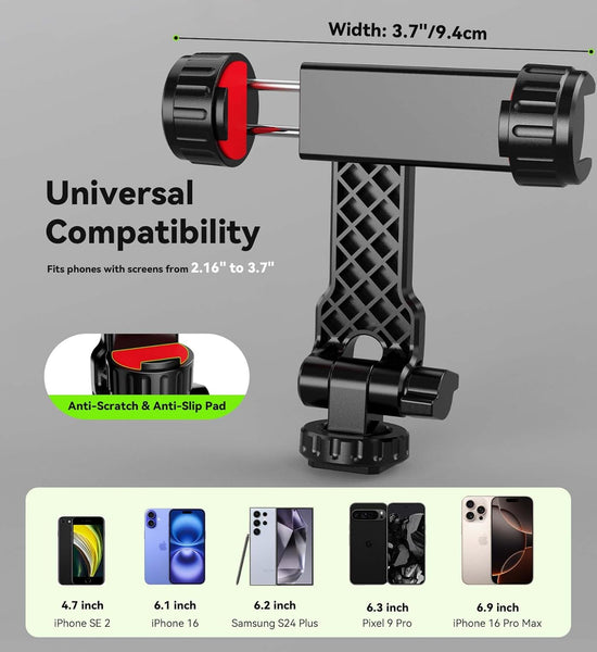 YZNT Phone Tripod Mount, Universal Smartphone Holder with 2 Cold Shoe Mount Adapter and 1/4" Standard Screw Thread, 360°Rotation & 180°Tilt Phone Clamp Compatible with iPhone & Android for Photography