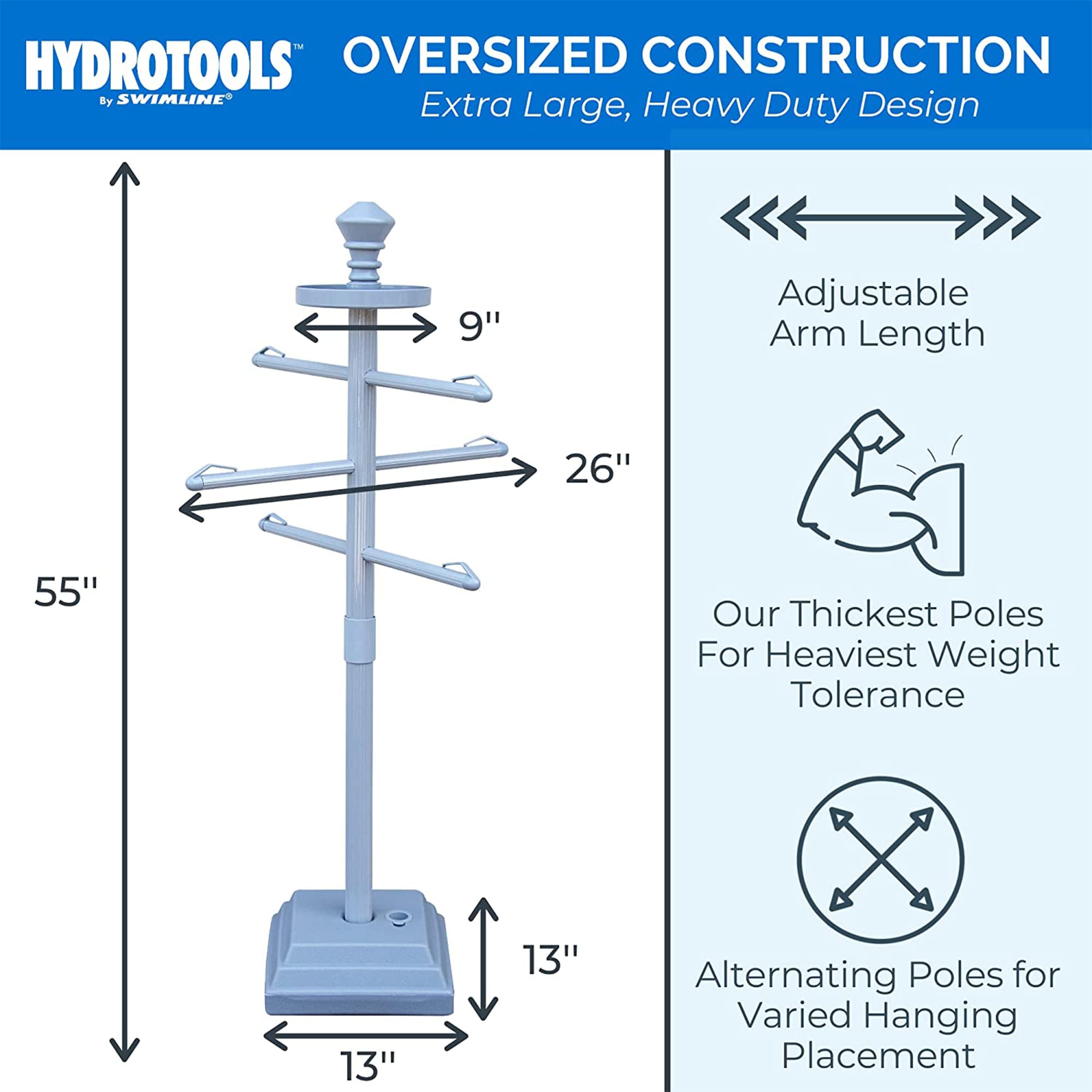 Swimline HYDROTOOLS 89033 Premium Free Standing Poolside Valet Towel Rack Adjustable With Water Weighted Base Three Arms Secure Clips For Outdoors &