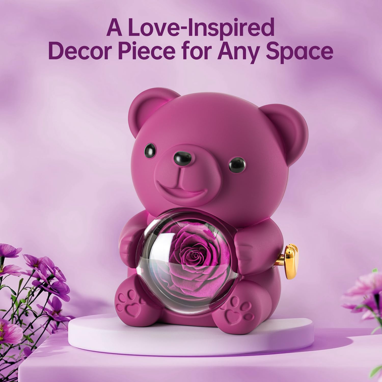 Ariceleo Purple Teddy Bear with Preserved Rose, Real Rose Flower in Bear, Elegant Gift Box, Heart-Shaped Necklace, Unique Gift for Valentine's Day,