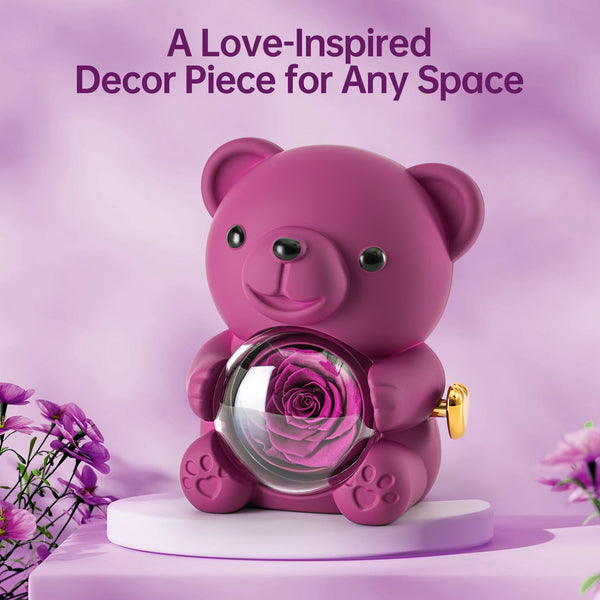 Ariceleo Purple Teddy Bear with Preserved Rose, Real Rose Flower in Bear, Elegant Gift Box, Heart-Shaped Necklace, Unique Gift for Valentine's Day,