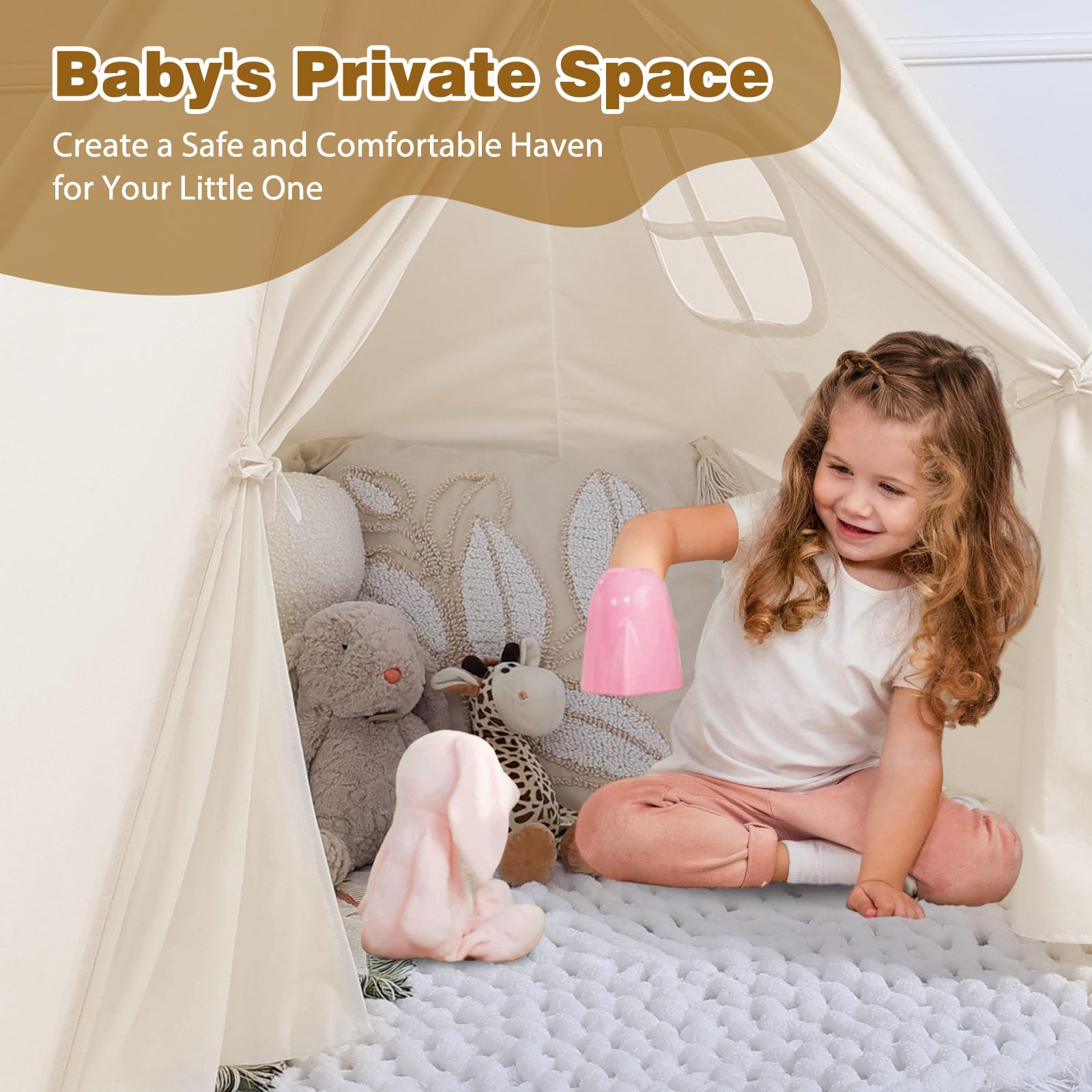 Wilwolfer Teepee Tent for Kids Foldable Children Play Tent for Girl and Boy with Carry Case 4 Poles White Canvas Playhouse Toy for Indoor and Outdoor Games