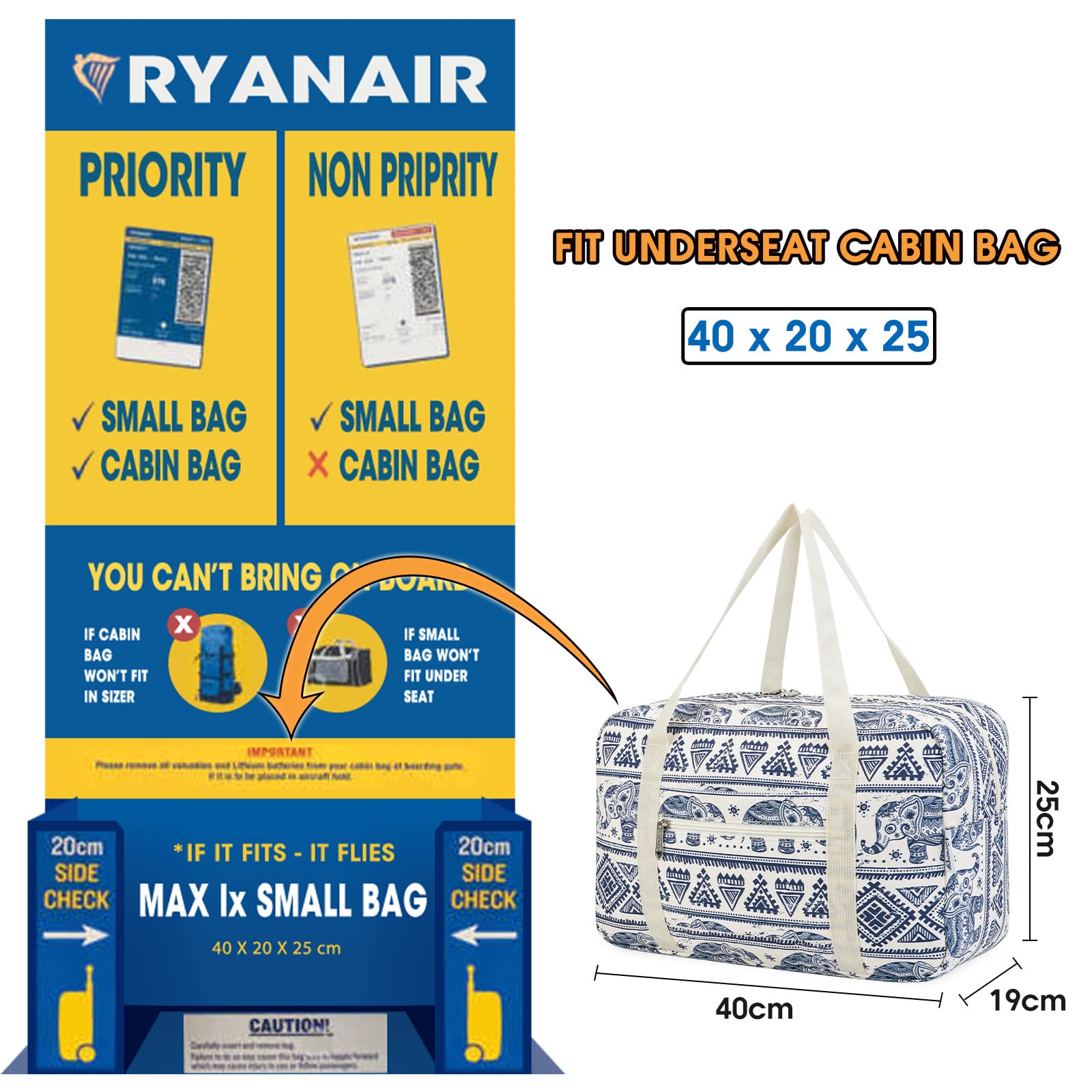 for Ryanair Airlines Cabin Bag 40x20x25 Underseat Foldable Travel Duffel Bag Holdall Tote Carry on Hand Luggage Overnight for Women and Men 20L (Black)