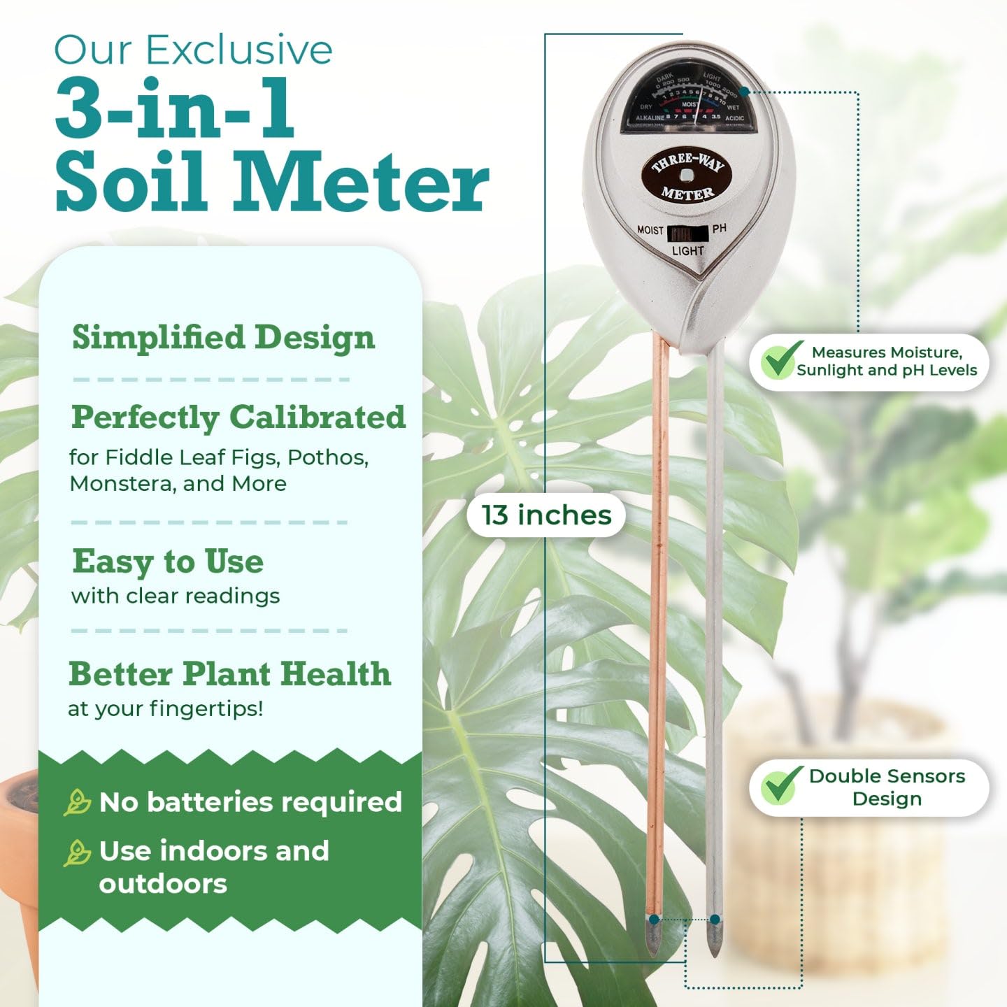 HOUSEPLANT RESOURCE CENTER 3-in-1 Soil Metre Optimise Plant Health with Moisture, Light & pH Testing