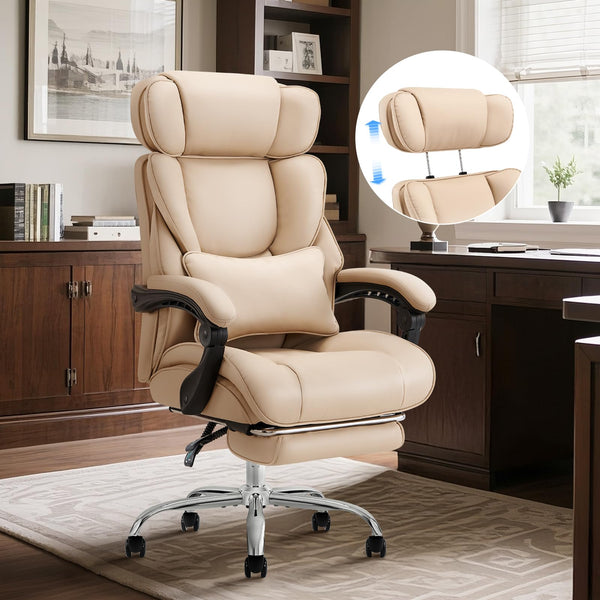 COLAMY Executive Office Chair with Footrest - Ergonomic High Back Design, Thick Bonded Leather Computer Chair with Removable Lumbar Pillow, Recliner Desk chair for Home Office Work Comfort (Black)