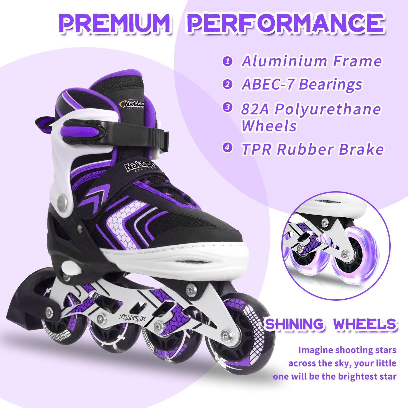 Adjustable Inline Skates for Girls, Girls Roller Skates with All Light up Wheels for Big Kids, Purple, Size 1 2 3