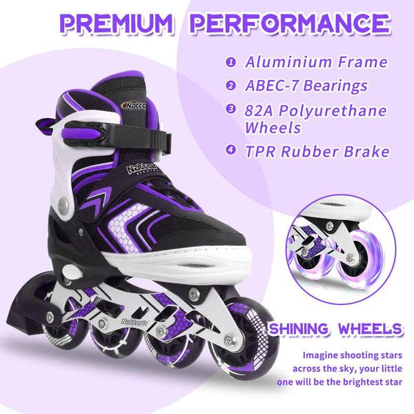 Adjustable Inline Skates for Girls, Girls Roller Skates for Kids Ages 8-12, Roller Skates with All Light up Wheels for Youth, Purple