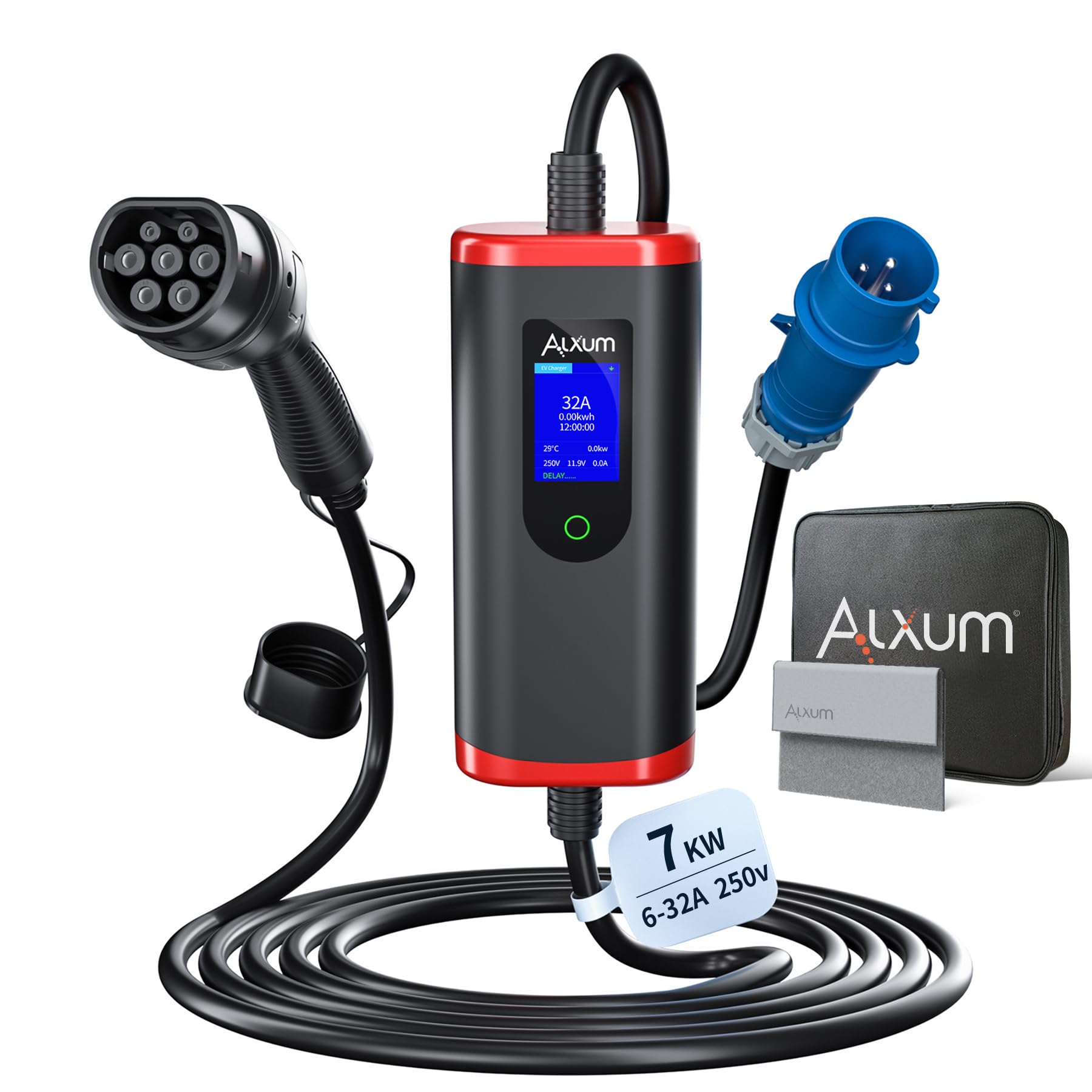 Alxum EV Charger Type 2 to CEE Plug - 7KW 5M/16.4FT Type 2 EV Charging Cable, 6/8/10/13/16/20/24/32A Adjustable Current, 1-12H Delayed, EV Mobile Charging Station for Electric Vehicle/PHEV