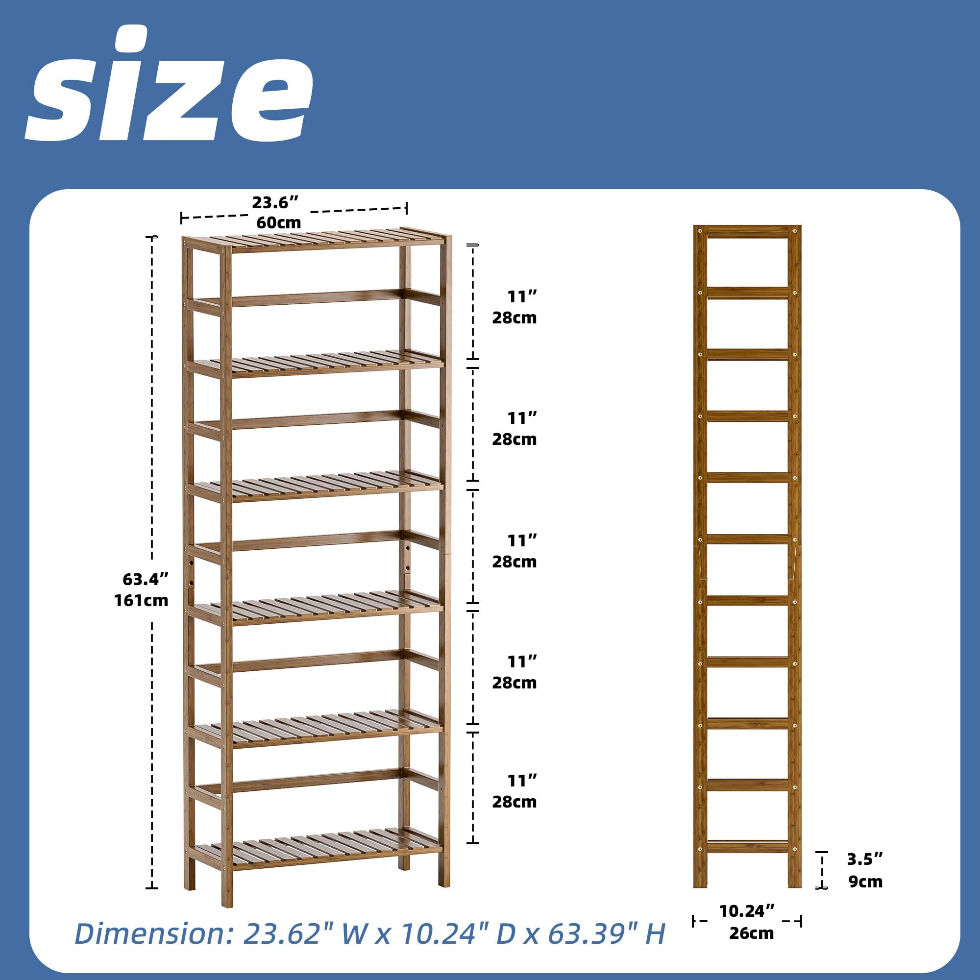 HITNET Bookcase, Bamboo Bookshelf, 6-Tier Adjustable Tall Open Book Shelf, Free Standing Storage Shelves Organizer, Flower Plant Display Stand, Walnut