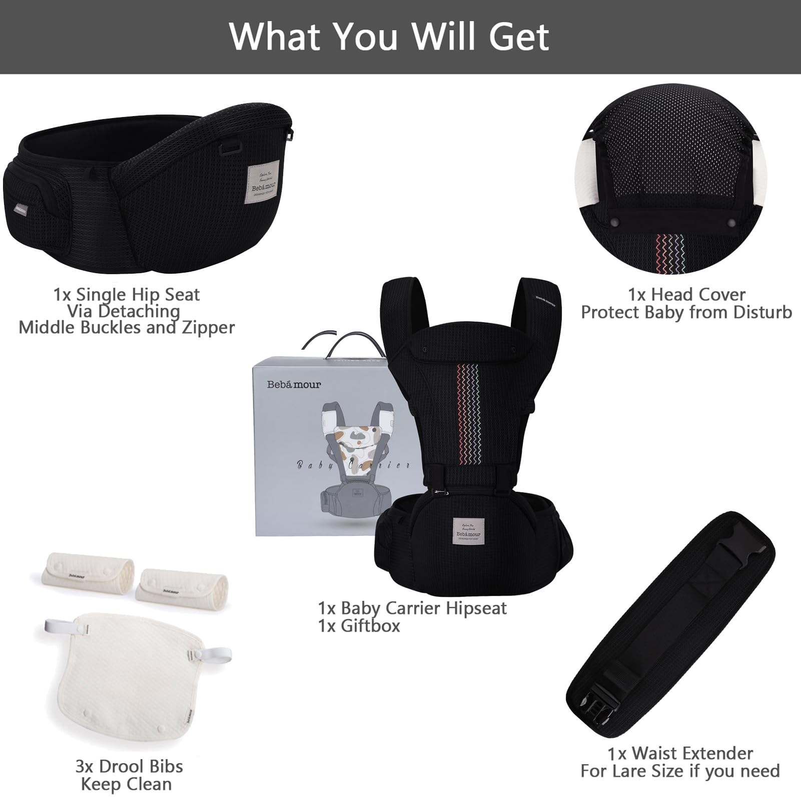 Bebamour Baby Carrier Newborn to Toddler Baby Carrier Hipseat 0-36Months with Head Hood, 3 PCS Teething Pads, Waist Extender, Grey