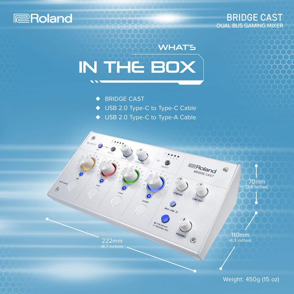 Roland BRIDGE CAST ONE Dual Bus Streaming Mixer Compact Audio Streaming Mixer For Online Gamers & Content Creators 32-Bit Hardware DSP USB-C Windows and Mac Connectivity XLR Mic Support