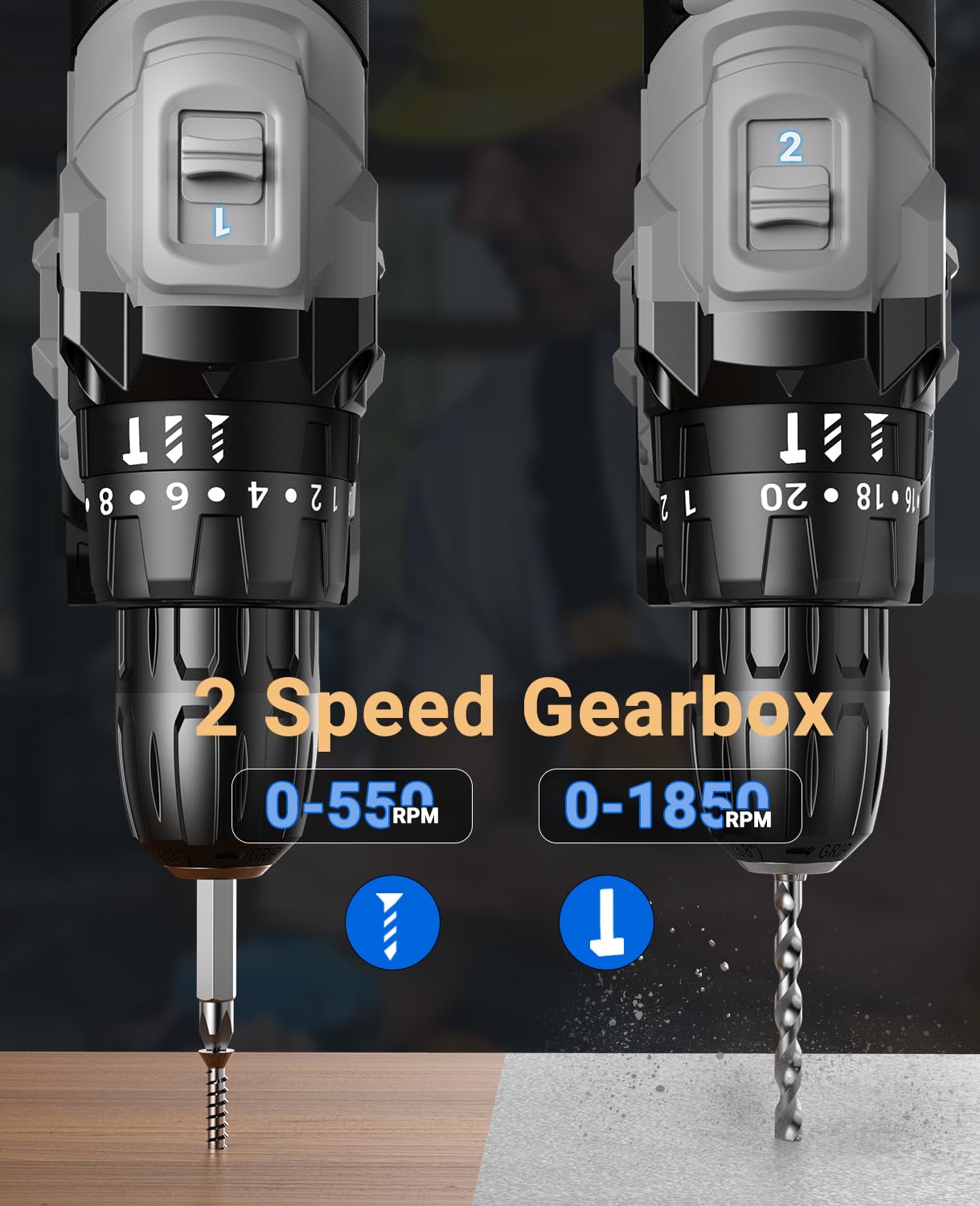 DYJPOW Brushless Cordless Hammer Drill Driver 21V, 2 Batteries 2000mAh, 20+3 Torque, 45N.m Max, 14PCS Drill Bits, 2 Speed, LED Light for Home, Garden DIY