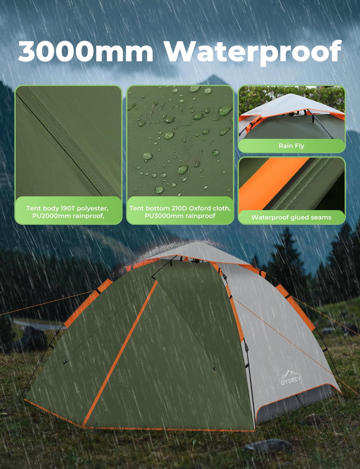 Gysrevi Camping Tent, 3 Man Instant Pop Up Tent Waterproof, Large Double Layer Automatic Dome Tent, Outdoor Backpacking Tents for Camping