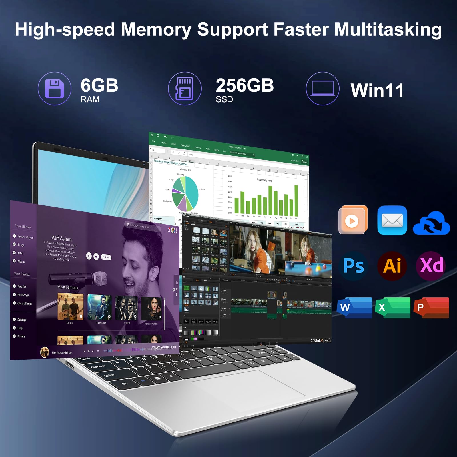 HUQPPQ 14 Inch Laptop Celeron N4020 Processor 6GB RAM 256GB SSD WIN11 Laptops | FHD 1920×1080 IPS Display | WiFi 5, USB 3.0, Webcam | Ideal for Business, School & Work - Gray