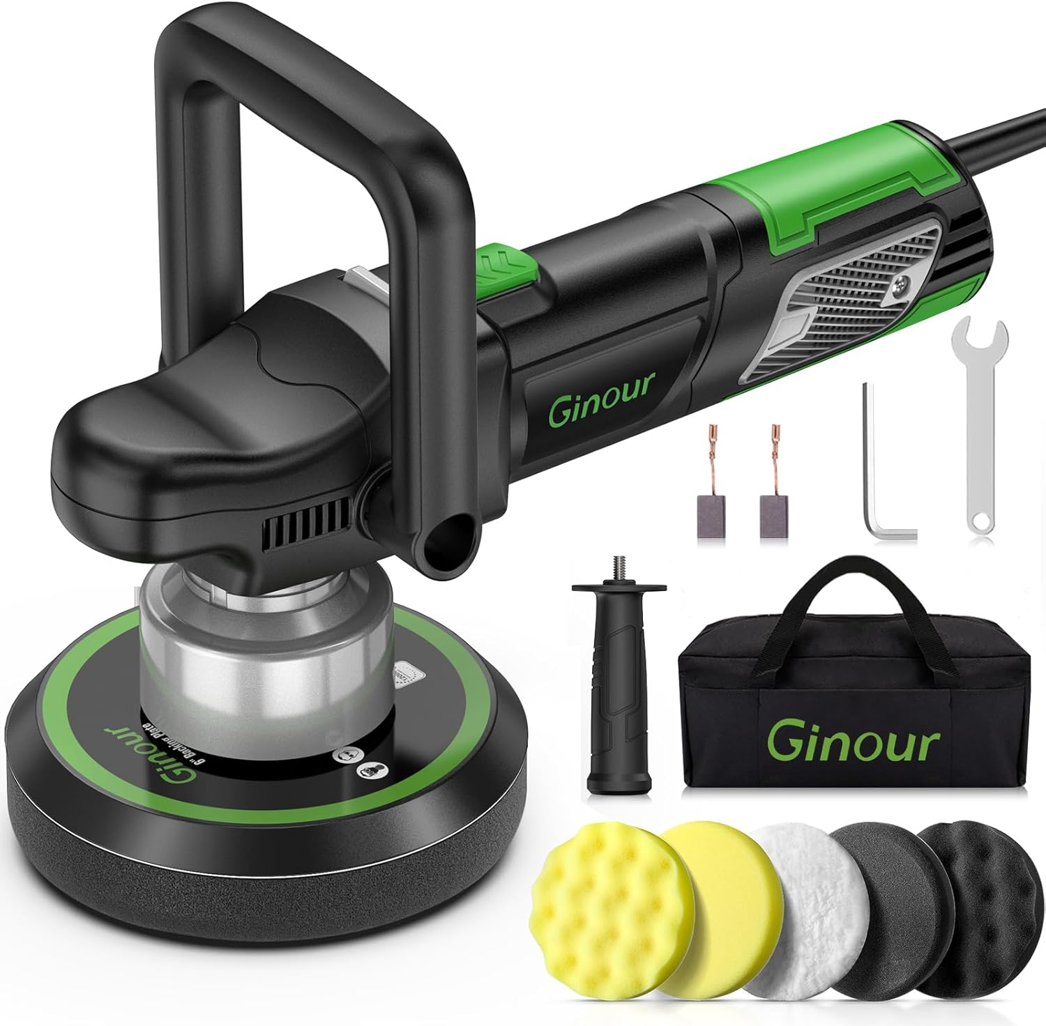 Ginour Car Polisher for Car Detailing, 900W Dual Action Car Polisher, 6 Variable Speeds 2000-6553RPM, Car Buffer Polisher Machine with D &Side Handles, 5 Buffing Pads, 2 Carbon Brushes, 150mm/6in Disc