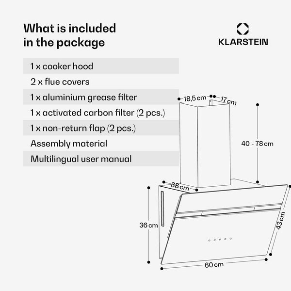 Klarstein Alina 90 Angled Cooker Hood - 600m³/h Air Flow, Touch Panel, LED Backlighting, Quiet 63dB, Energy Class A, 90cm Extractor Hood, Black