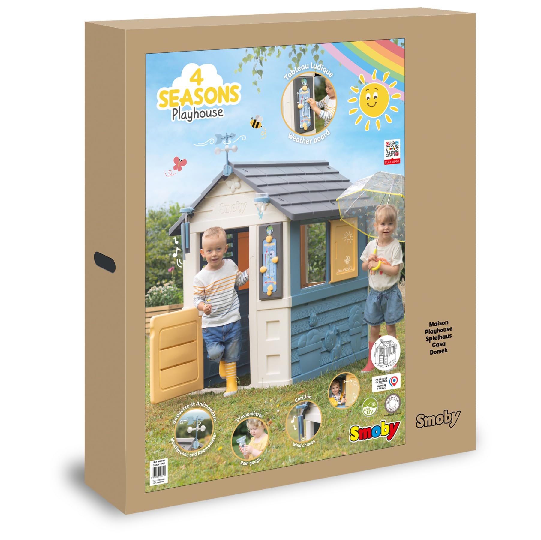 Smoby - 4 Seasons Playhouse for Children includes playful weather activities, Educational outdoor garden house for Kids