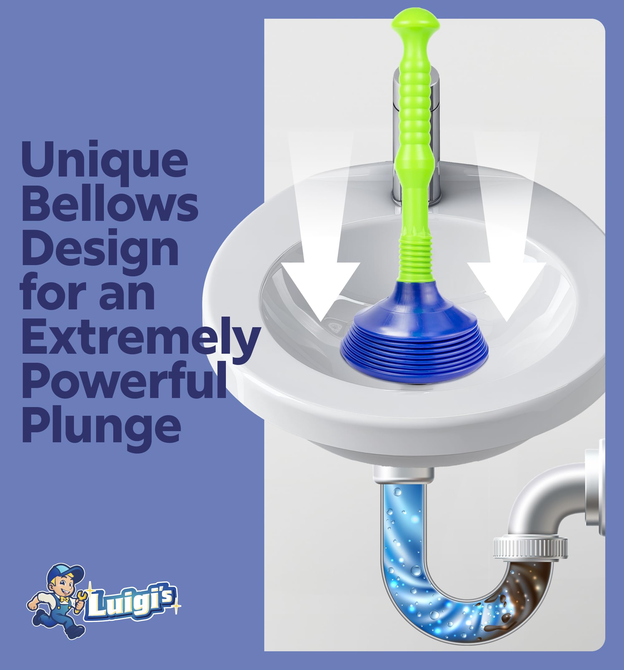 Luigi's Sink Plunger - Drain Plunger Sink Unblocker - Plungers for Unblocking - Drain Plungers for Bathroom Kitchen Bath Shower - Unblock Pump with Accordion Bellows