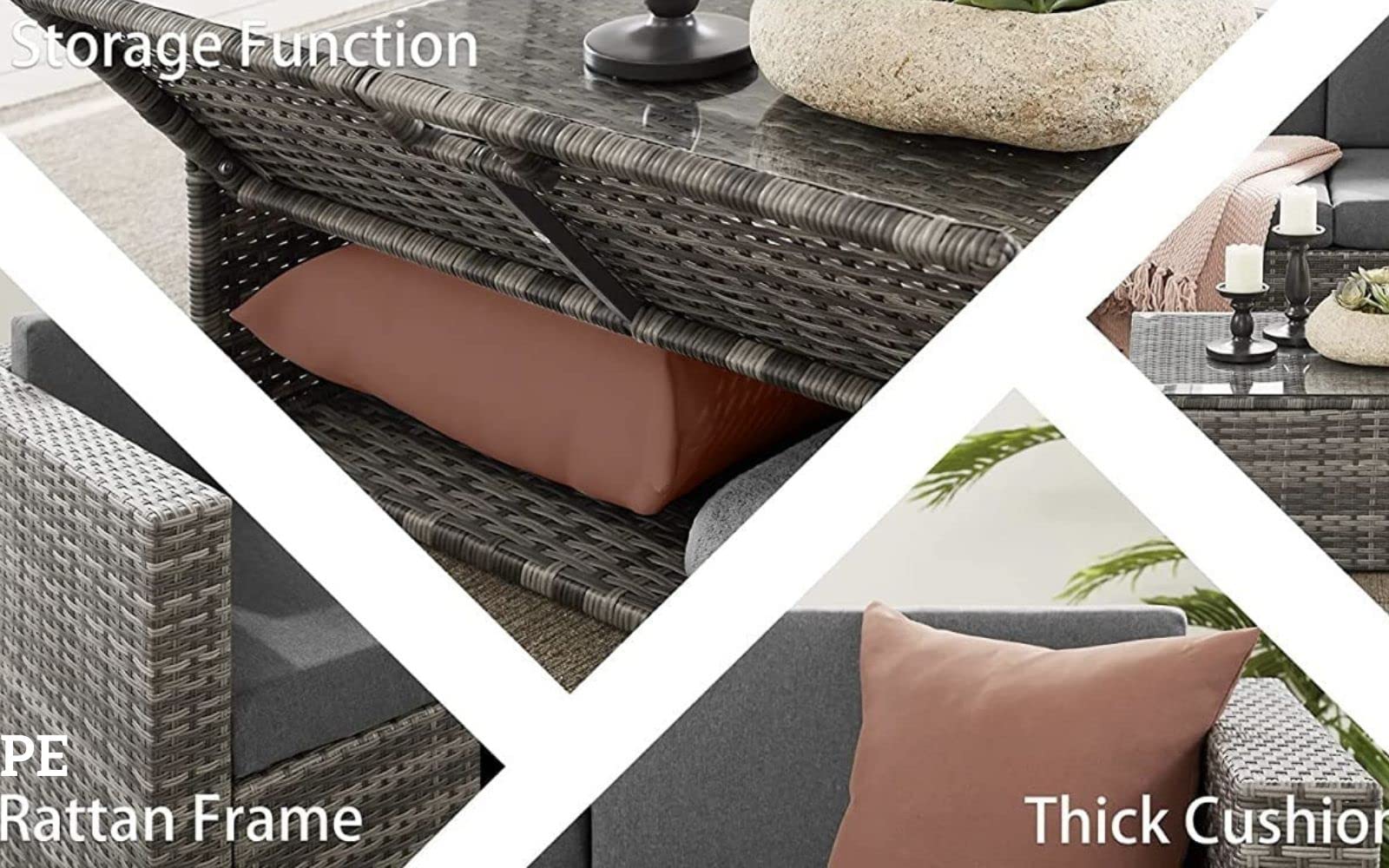 EVRE Monaco Rattan Garden Furniture Set 6 Piece Seat 5 Sofa 1 Ottoman Footstool Outdoor Wicker Weave Lounge Sofa and Glass Top Table with Cushions (Grey)