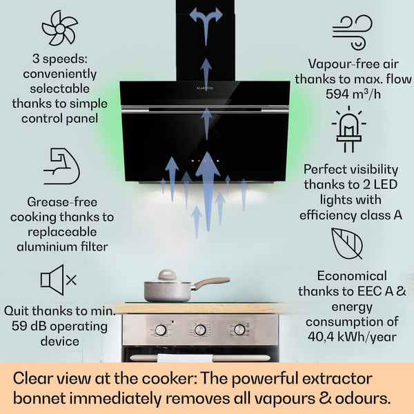 Klarstein Alina 90 Angled Cooker Hood - 600m³/h Air Flow, Touch Panel, LED Backlighting, Quiet 63dB, Energy Class A, 90cm Extractor Hood, Black