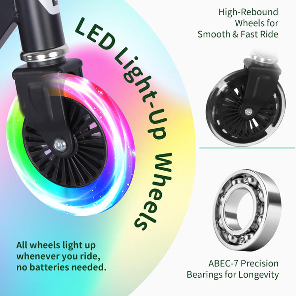 BELEEV V2 Scooters for Kids with Light-Up Wheels & Stem & Deck, 2 Wheel Folding Scooter for Girls Boys, 3 Adjustable Height, Non-Slip Pattern Deck,