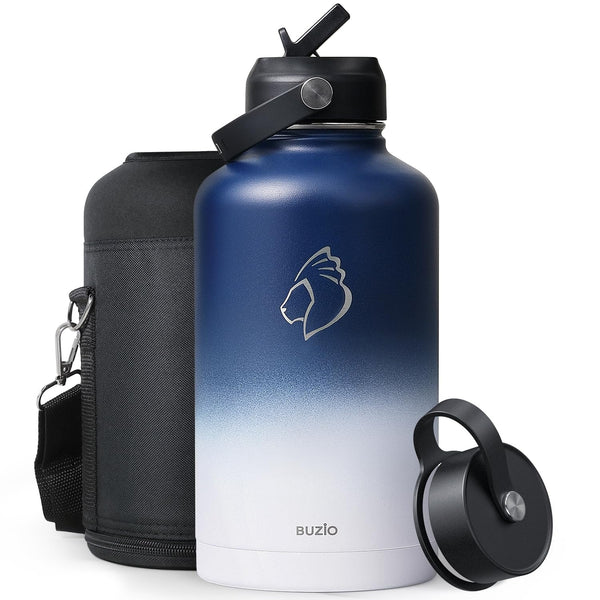 Stainless Steel Water Bottle 2L, BUZIO Vacuum Insulated Water Bottle with Straw Lid and Flex Cap Cold for 48 Hrs, Hot for 24 Hrs Double Wall Wide Mouth BPA Free Leak Proof, Black