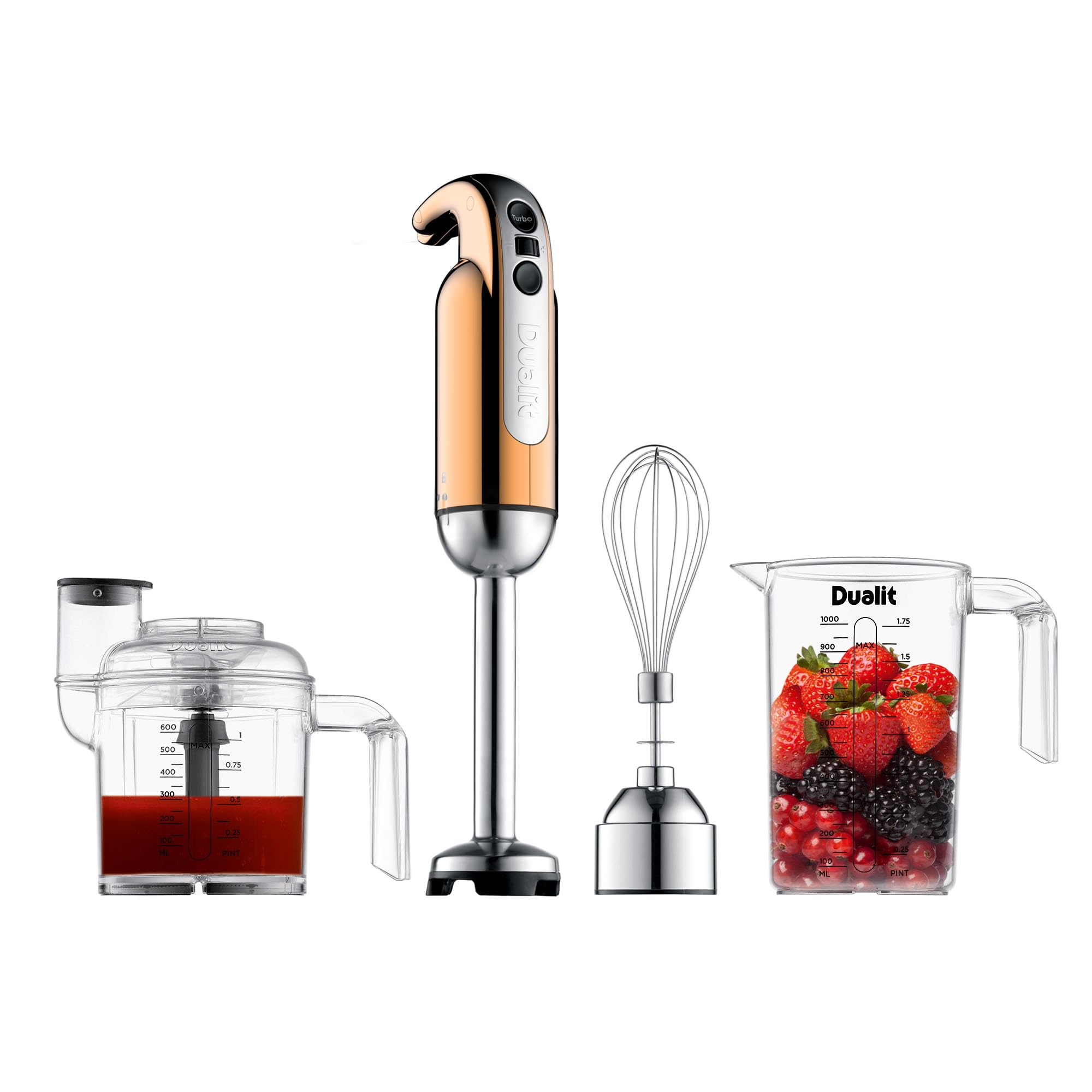 Dualit Copper Hand Blender Set | Handheld Stick Blender With Chopping Bowl, Whisk & 1L Measuring Jug | 700W Polished With Turbo Speed | For Soup,
