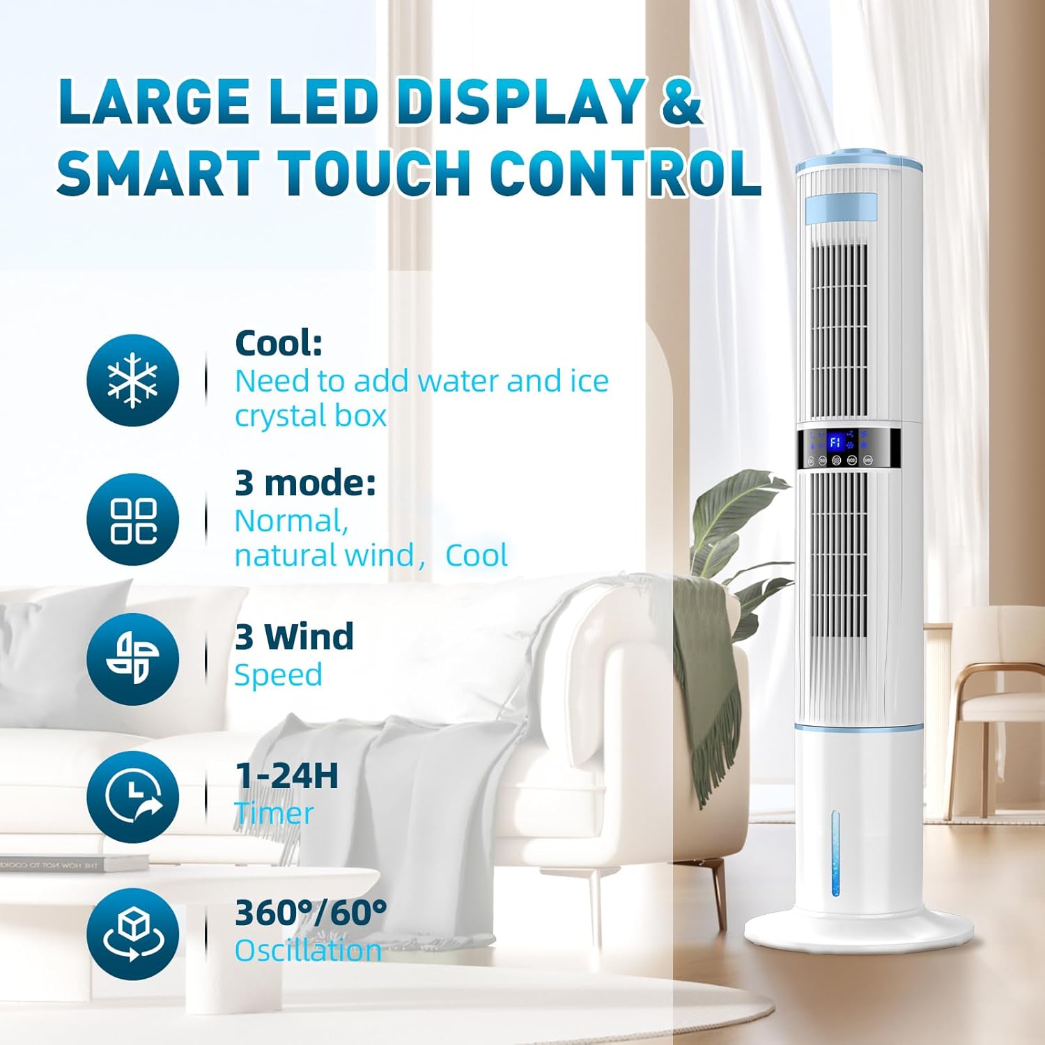 Bidiowe Mobile Air Conditioners, 9.5L AC Unit Tank 60W Evaporative Air Cooler Automatic Light Off 60°/120° Oscillation 3 Modes 7H Timer Remote Control 3 Ice Box Quiet Cooling Fan for Home, Office