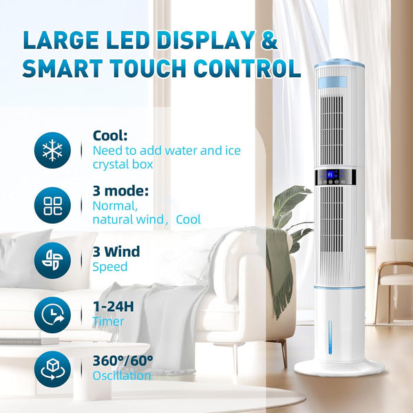 Bidiowe Mobile Air Conditioners, 9.5L AC Unit Tank 60W Evaporative Air Cooler Automatic Light Off 60°/120° Oscillation 3 Modes 7H Timer Remote Control 3 Ice Box Quiet Cooling Fan for Home, Office