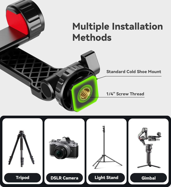 YZNT Phone Tripod Mount, Universal Smartphone Holder with 2 Cold Shoe Mount Adapter and 1/4" Standard Screw Thread, 360°Rotation & 180°Tilt Phone Clamp Compatible with iPhone & Android for Photography