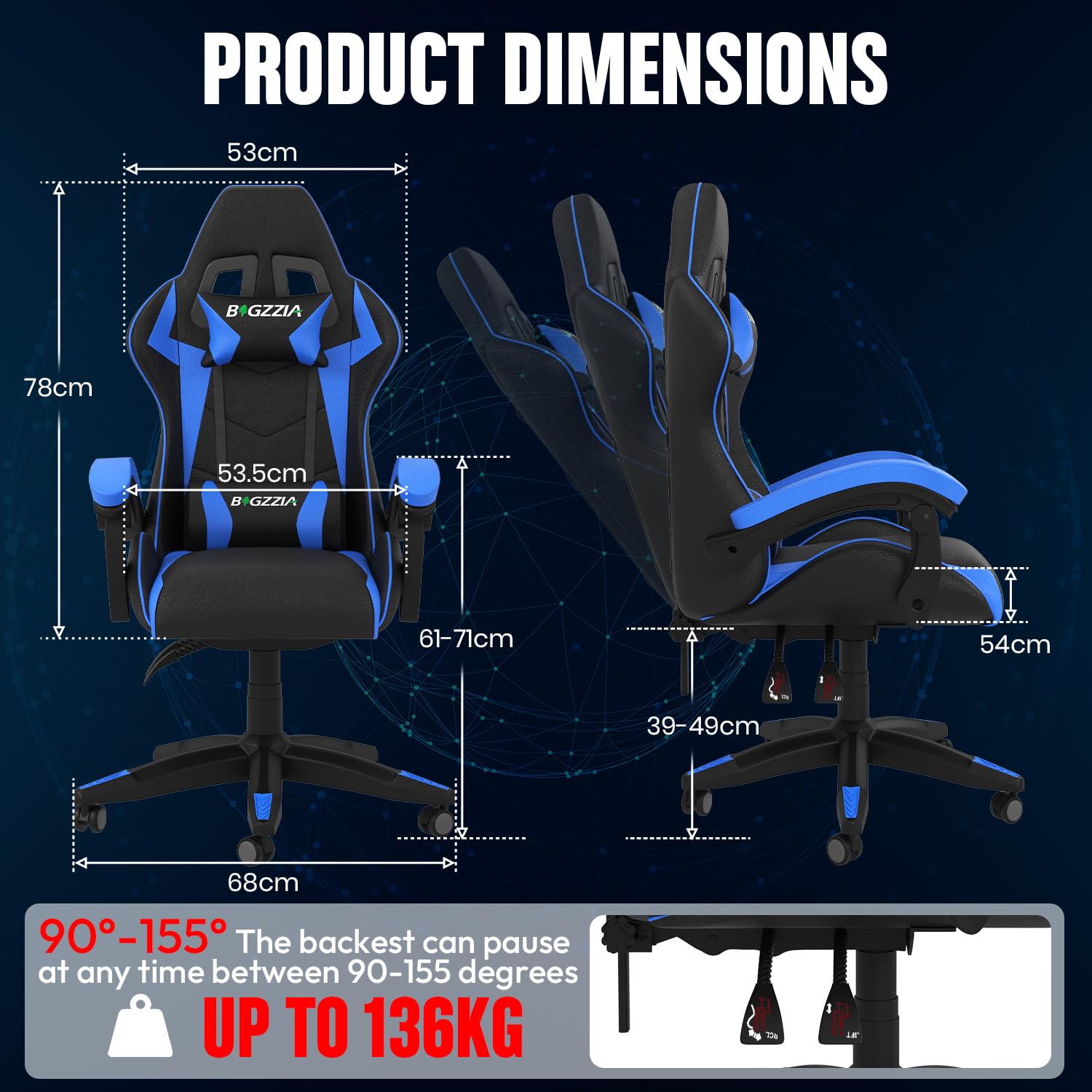 Gaming Chair, Ergonomic Gaming Chair with Heated Seat, Height Adjustable Reclining Video Game Chair with Headrest and Lumbar Support, Big and Tall Gaming Chair for Adults (Basics, Black/Grey)