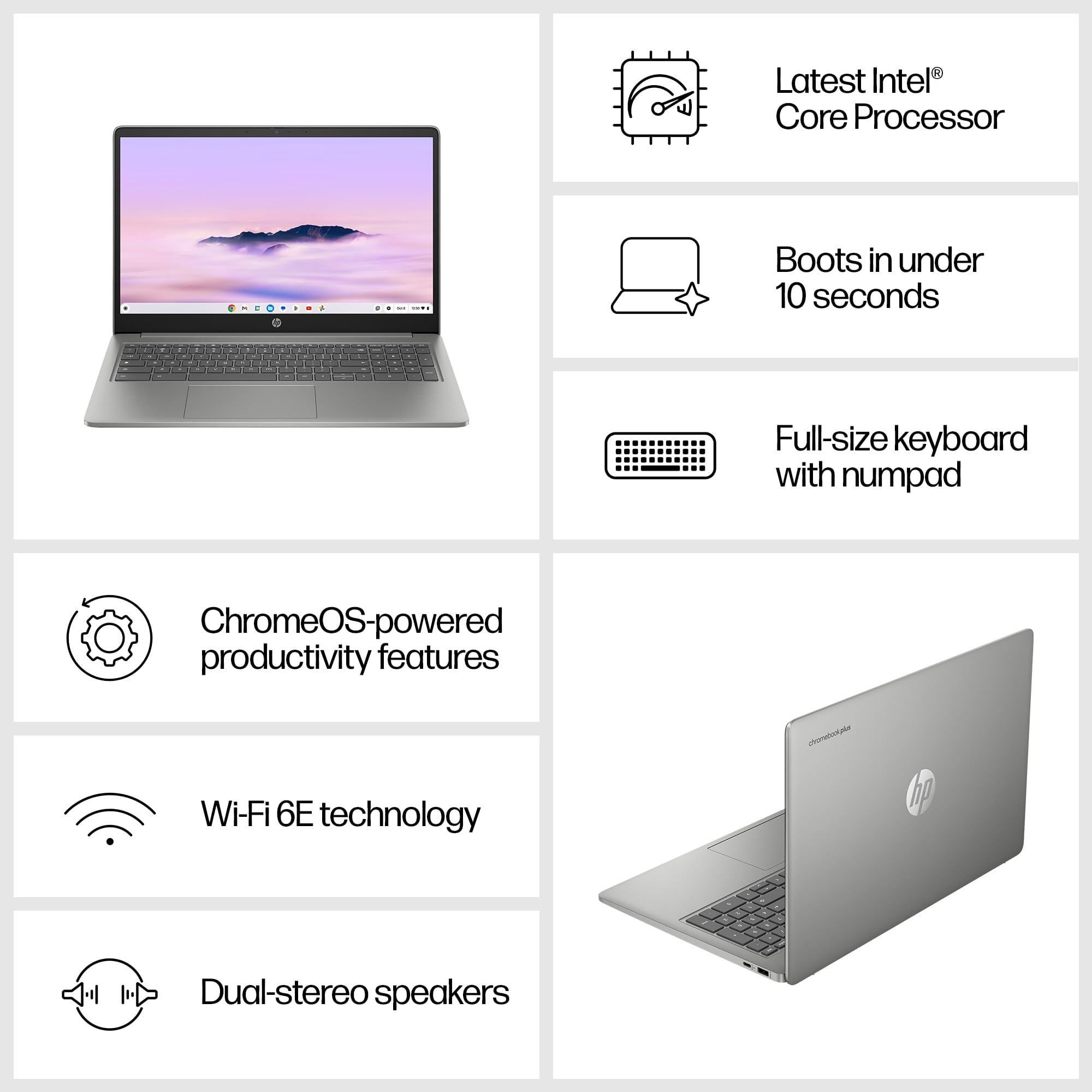 HP Chromebook 14" | Intel Processor N100 Processor| 4 GB RAM | 128 GB Flash Storage | Intel UHD Graphics | HD Display | Up to 12hrs battery | Chrome OS | Dual Speakers | Glacier Silver | 14a-nf0002sa