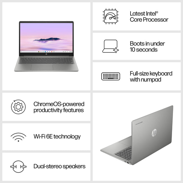 HP Chromebook 14" | Intel Processor N100 Processor| 4 GB RAM | 128 GB Flash Storage | Intel UHD Graphics | HD Display | Up to 12hrs battery | Chrome OS | Dual Speakers | Glacier Silver | 14a-nf0002sa