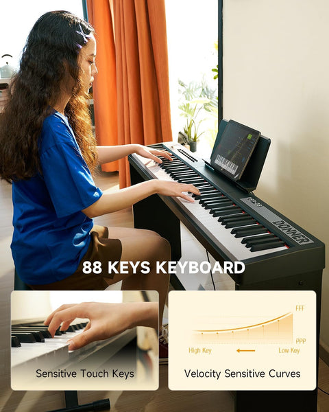Donner Digital Piano Keyboard Velocity-Sensitive 88 Keys with Removable Piano Stand, Compact Beginner Home Electric Piano with Split Mode, LED Digital Tube for Display, and Triple Pedal DEP-08