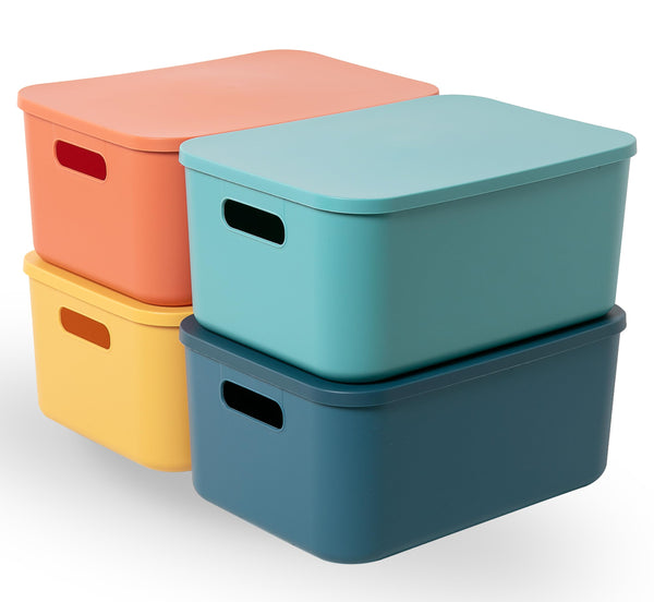 HapiLeap Storage Boxes With Lids, Stackable Plastic Storage Baskets for Shelves Kitchen Bathroom Playroom Classroom Office Nursery (Medium (4 PCS))