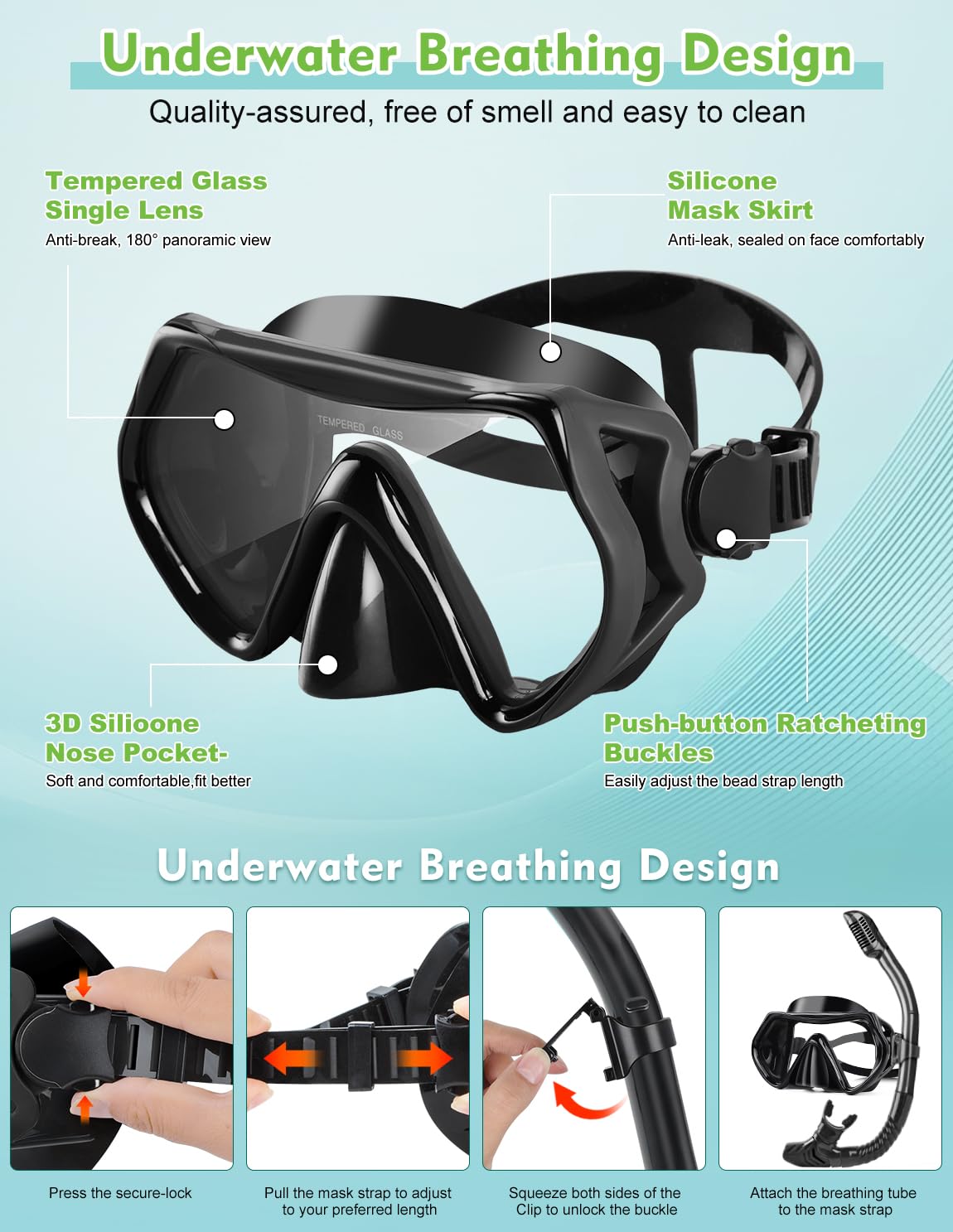 Hydomi Snorkel Set Adults 180° Panoramic Anti-Fog Snorkel Mask with Dry Top Valve, Leak-Proof Tempered Glass Diving Set for Swimming Snorkeling, Travel-Friendly Kit with Adjustable Straps